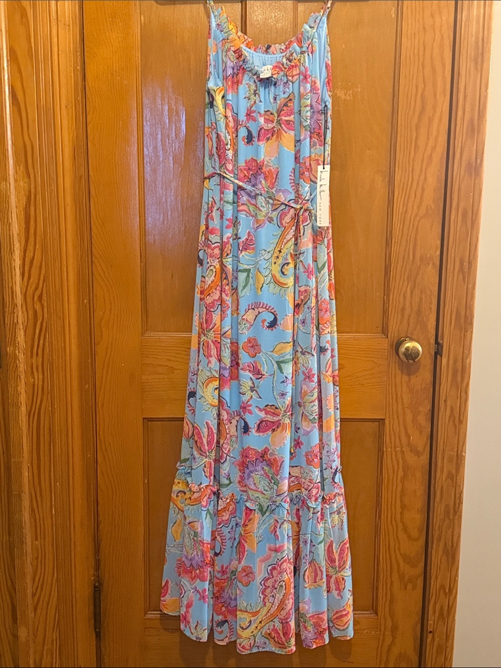 Nicole Miller Sky Blue Floral Paisley Maxi Dress with Tie